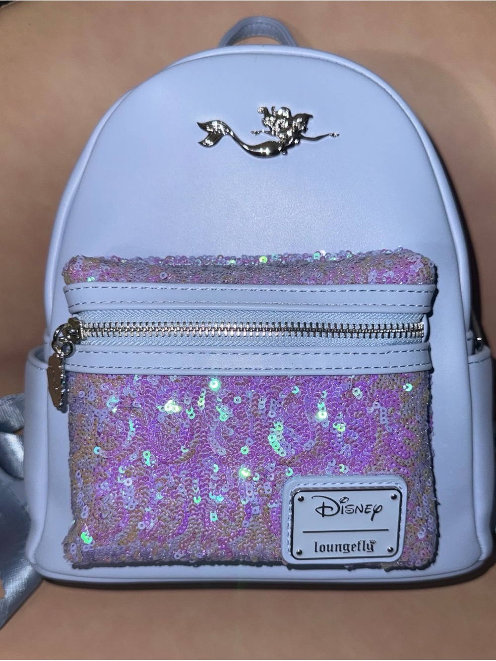 Loungefly White Mini Backpack with Pink Iridescent Sequin Pocket
